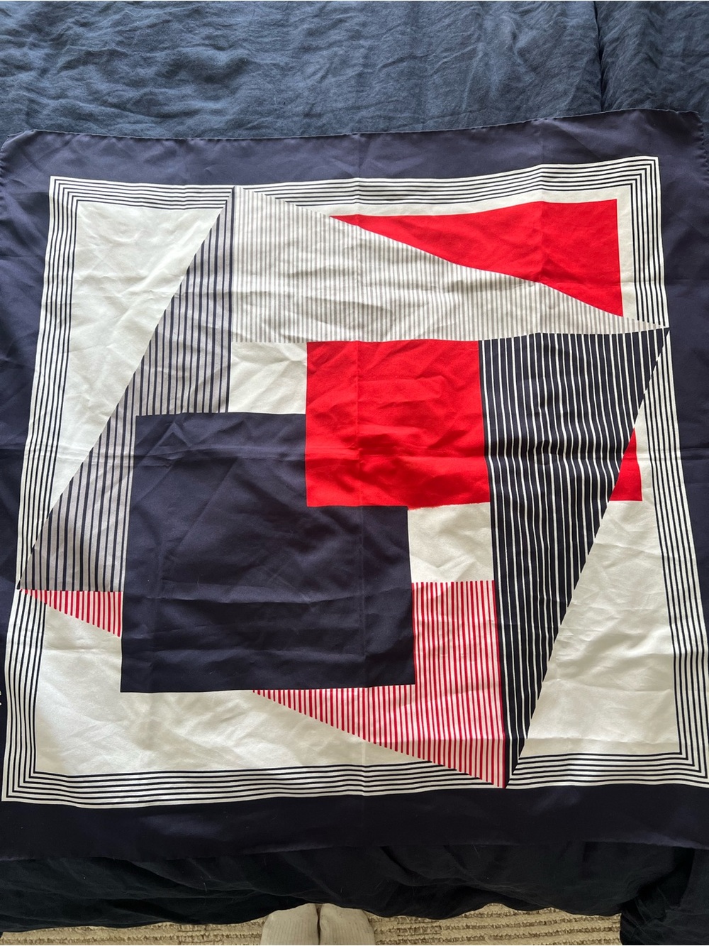 Geometric Pattern Square Scarf in Navy, Red, and White